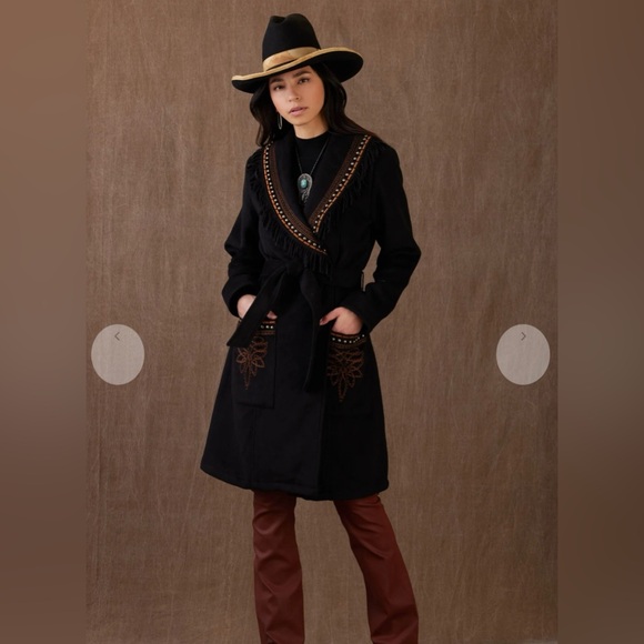 Double D Ranch Black Wool Coat with Brown Embroidery and Fringe - New With Tags - Picture 1 of 4